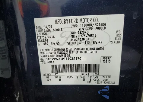 2005 Ford F350 Srw Super Duty z USA, uszkodzony, nr VIN 1FTWW31P15EC81970